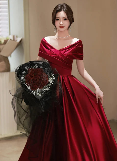 Burgundy Satin A-Line Off-the-Shoulder Lace-Up Back Floor-Length Dress