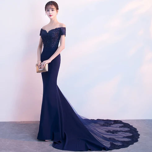 Navy Blue Off Shoulder Lace Mermaid Prom Dress With Sheer Train