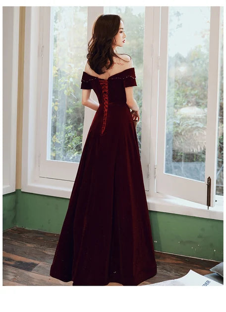 Burgundy Off Shoulder Velvet A Line Prom Dress With Beading