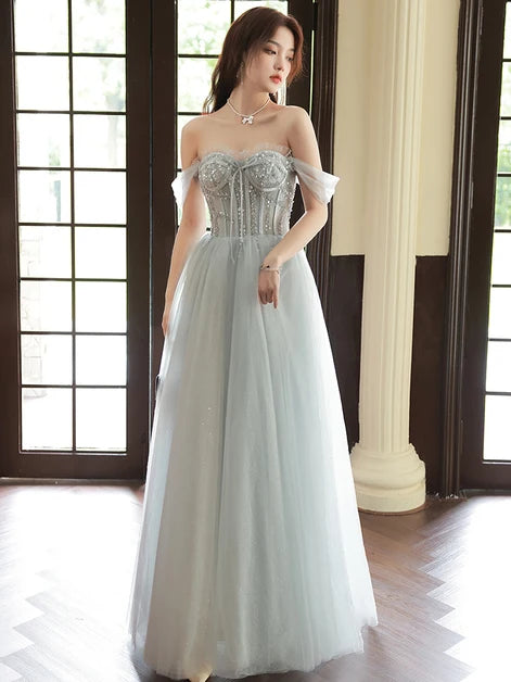 Gorgeous A-line Sweetheart Off Shoulder Lace Up Back Long Prom Dress