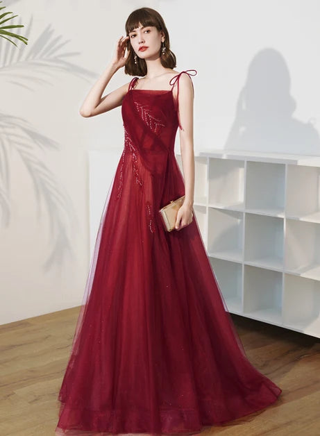 Burgundy Spaghetti Strap Tulle Prom Dress With Beaded Details