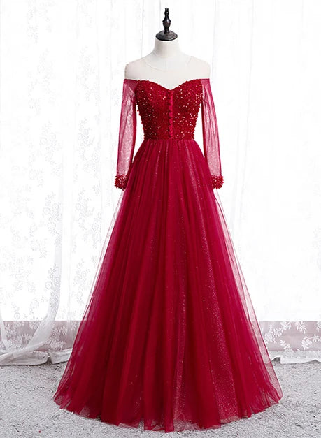 Sparkly A-line Off Shoulder Long Sleeve Lace Up Back Long Prom Dress
