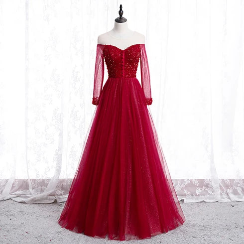 Sparkly A-line Off Shoulder Long Sleeve Lace Up Back Long Prom Dress