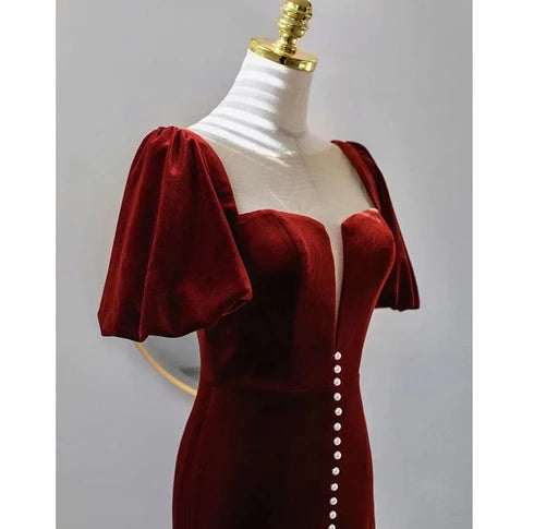 Burgundy Puff Sleeve Velvet Mermaid Prom Dress With Pearls