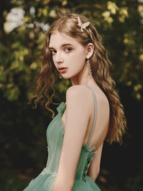 Sage Green Ombre Tulle Prom Dress Spaghetti Straps 3D Butterfly Appliques