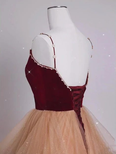 Elegant A-line V Neck Spaghetti Strap Lace Up Back Long Prom Dress