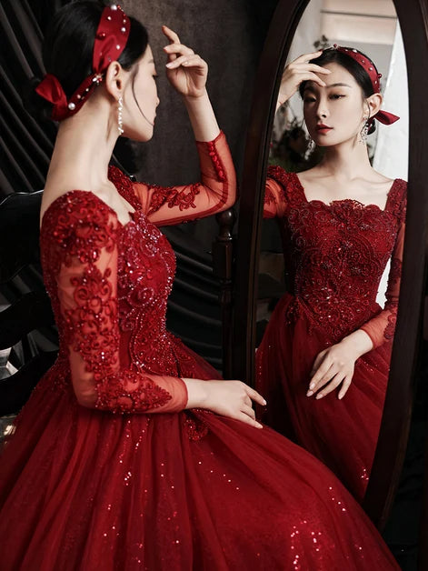 Romantic A-line Square Long Sleeve Lace Up Back Long Prom Dress
