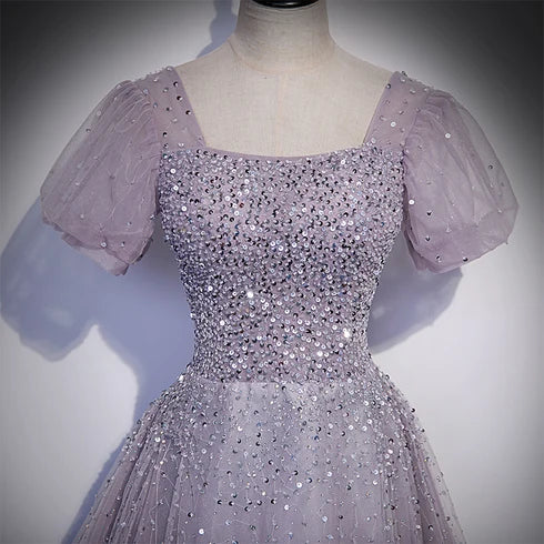 Dusty Lavender Square Neck Puff Sleeve Sequin Tulle A Line Prom Dress Corset Back