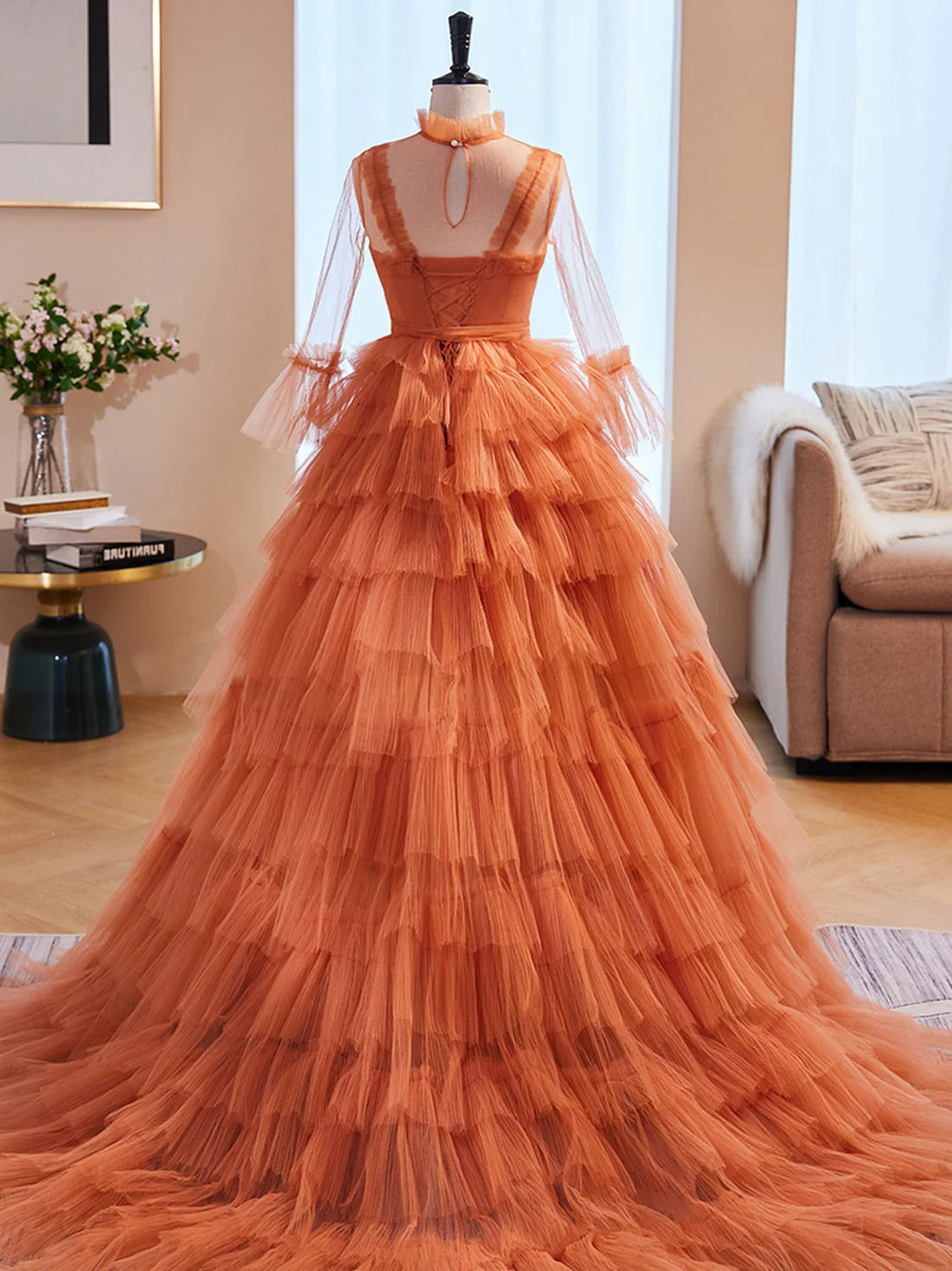 Unique High Neck Tulle Long Prom Dresses