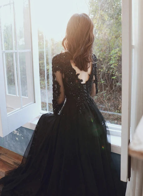 Glamorous A-line V Neck Long Sleeve Lace Up Back Long Prom Dress