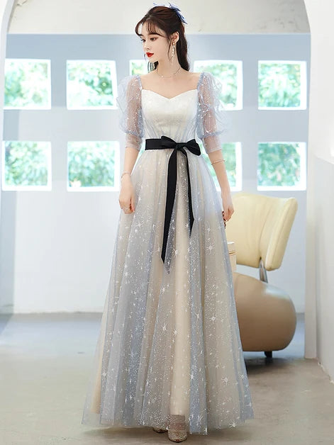 Light Blue Star Tulle A Line Prom Dress Puff Short Sleeves Black Sash Bow