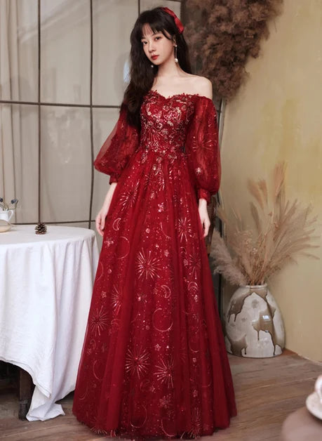 Dreamy A-line Square Puff Sleeve Lace Up Back Long Prom Dress