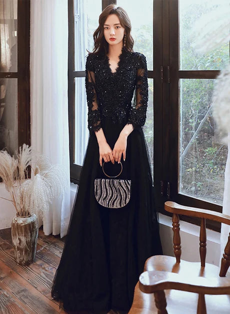 Glamorous A-line V Neck Long Sleeve Lace Up Back Long Prom Dress