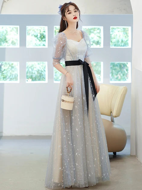 Light Blue Star Tulle A Line Prom Dress Puff Short Sleeves Black Sash Bow