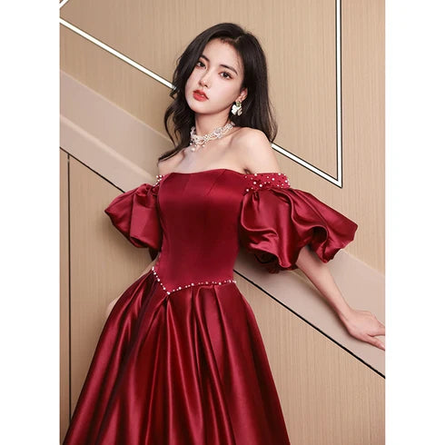 Burgundy Satin A-Line Off-the-Shoulder Lace-Up Back Floor-Length Dress