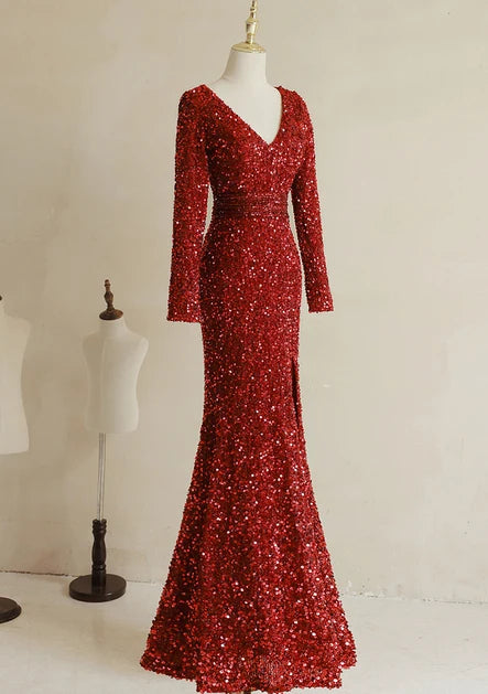 Glamorous Mermaid V Neck Long Sleeve Zipper Back Long Prom Dress