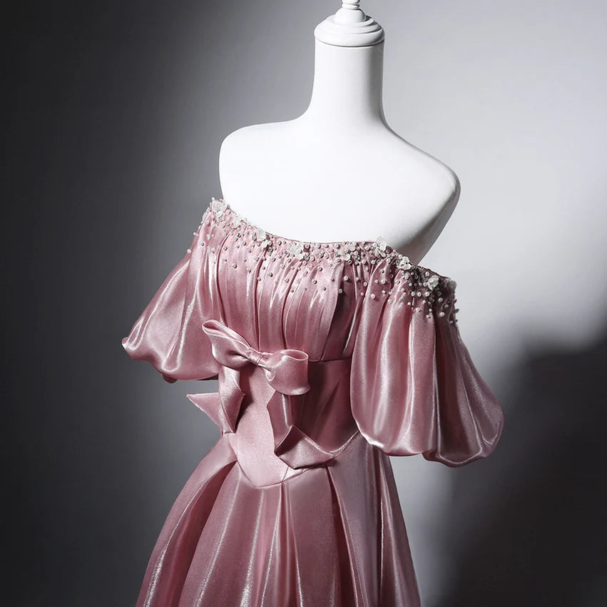 Dusty Rose Shimmer Satin A-Line Off-the-Shoulder Lace-Up Back Floor-Length Dress