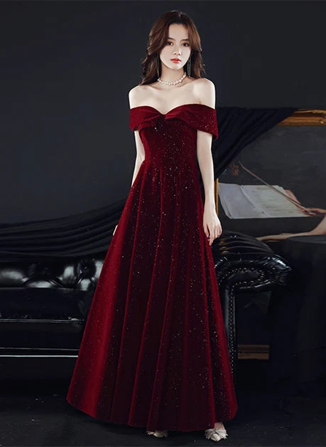 Burgundy Glitter Velvet A-Line Off-the-Shoulder Lace-up Floor-Length Dress