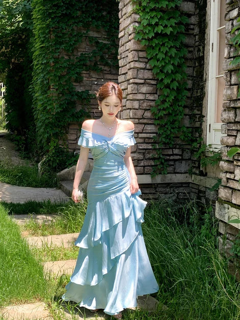 Sky Blue Satin Tiered Off-the-Shoulder Zipper Back Floor-Length Dress