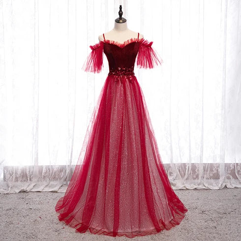 Glamorous A-line Off Shoulder Tassel Sleeve Lace Up Back Long Prom Dress