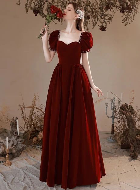 Burgundy Puff Sleeve Velvet Prom Dress With Beaded Trim