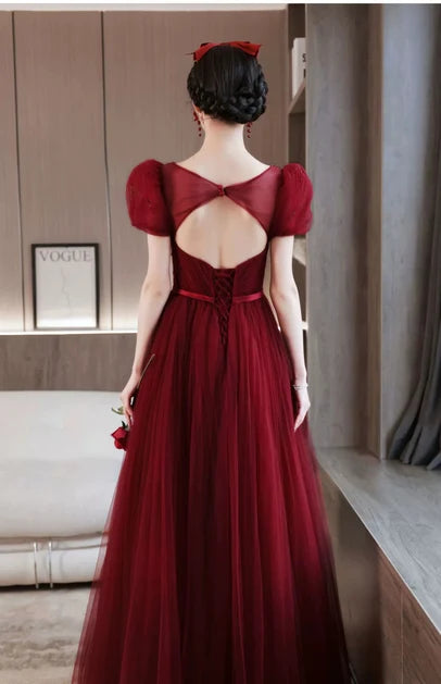 Burgundy Tulle A-Line V-Neck Lace-up Floor-Length Dress