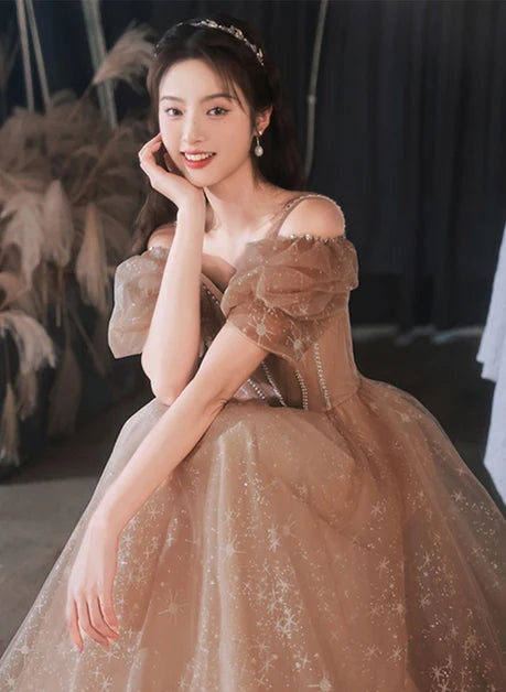 Champagne Glitter Tulle A-Line Off-the-Shoulder Floor-Length Dress