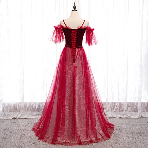 Glamorous A-line Off Shoulder Tassel Sleeve Lace Up Back Long Prom Dress