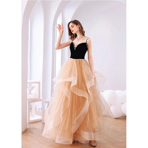 Black Velvet Spaghetti Strap V Neck Prom Dress Champagne Ruffled Tulle Skirt