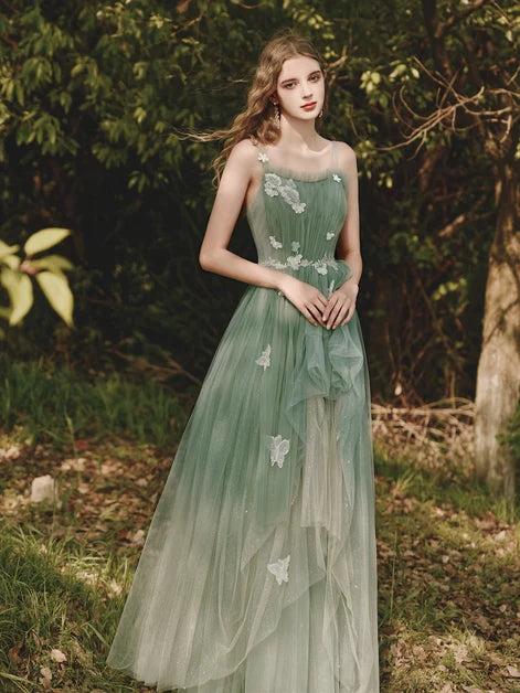 Sage Green Ombre Tulle Prom Dress Spaghetti Straps 3D Butterfly Appliques