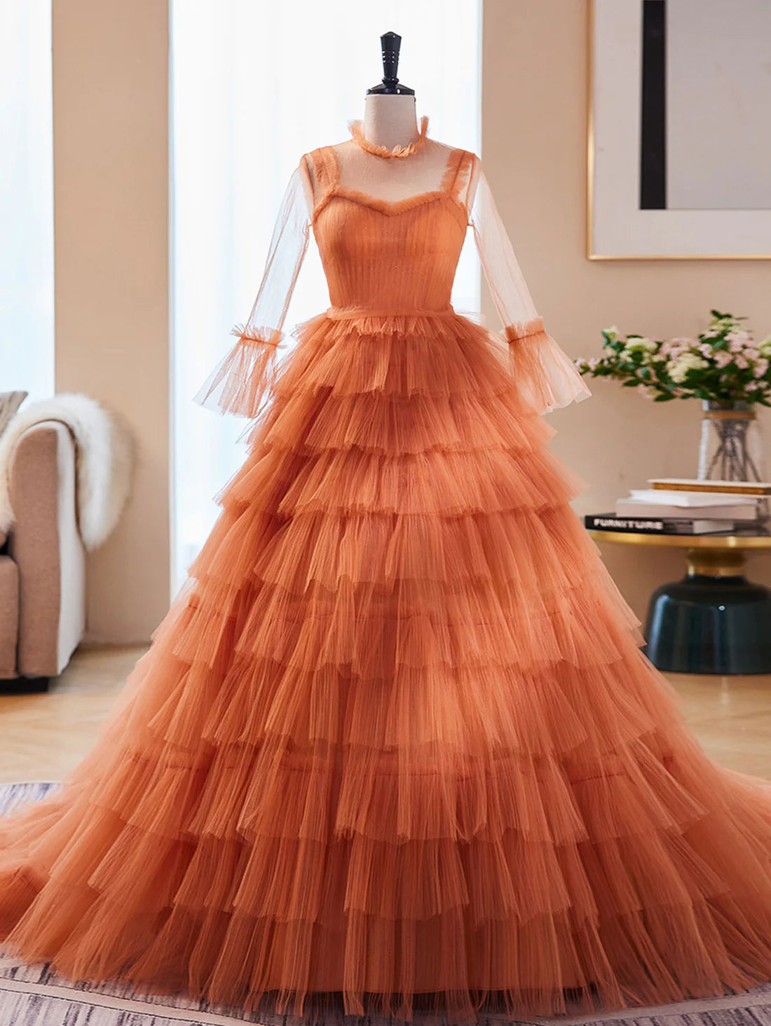 Unique High Neck Tulle Long Prom Dresses