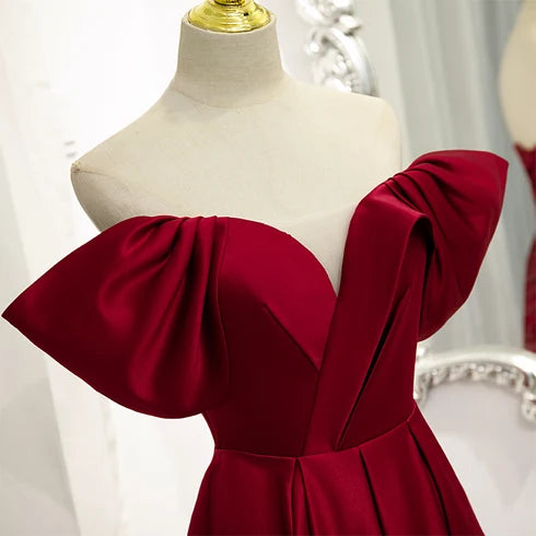 Burgundy Off The Shoulder Satin A Line Prom Dress Pleated Ruffle Neck