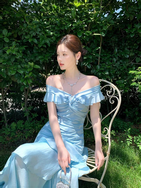 Sky Blue Satin Tiered Off-the-Shoulder Zipper Back Floor-Length Dress