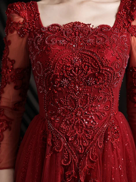 Romantic A-line Square Long Sleeve Lace Up Back Long Prom Dress