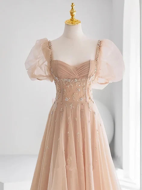 Elegant A-line Sweetheart Puff Sleeve V Lace Up Back Long Prom Dress