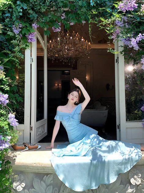 Sky Blue Satin Tiered Off-the-Shoulder Zipper Back Floor-Length Dress