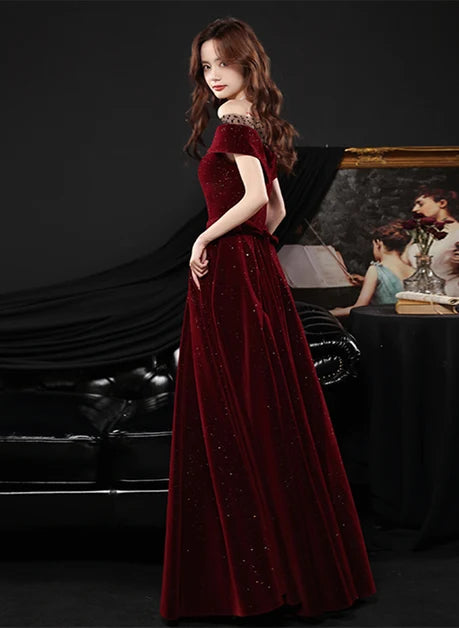 Burgundy Glitter Velvet and Mesh A-Line Off-the-Shoulder Floor-Length Dress