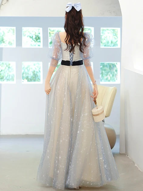 Light Blue Star Tulle A Line Prom Dress Puff Short Sleeves Black Sash Bow