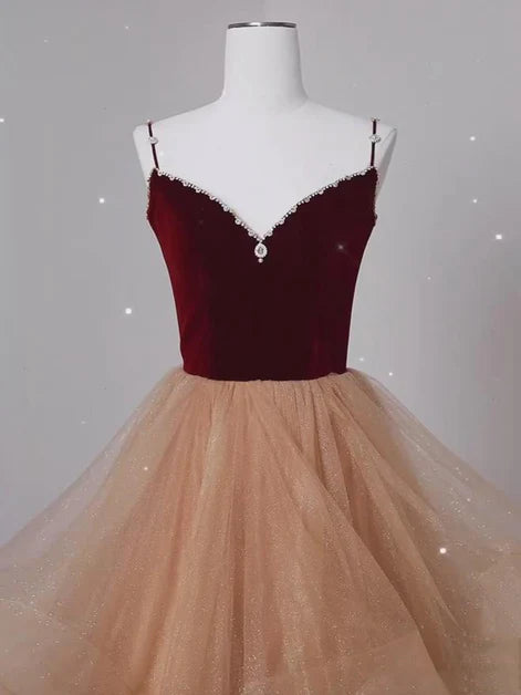 Elegant A-line V Neck Spaghetti Strap Lace Up Back Long Prom Dress