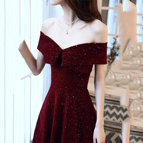 Sparkly A-line Off Shoulder Short Sleeve Lace Up Back Long Prom Dress