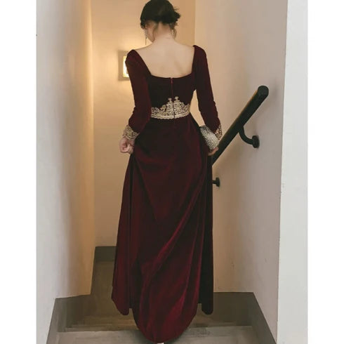Burgundy Long Sleeve Velvet A Line Evening Dress