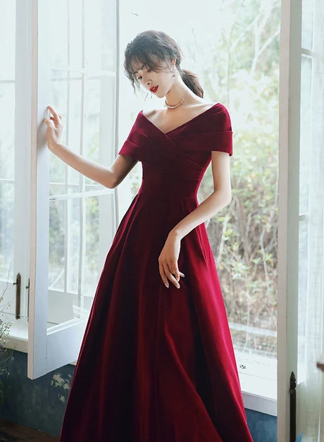 Classic A-line Off Shoulder Short Sleeve Lace Up Back Midi Prom Dress