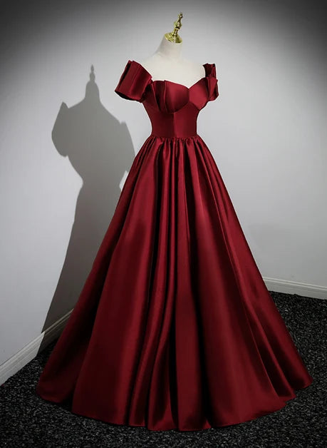 Burgundy Satin A-Line Sweetheart Lace-Up Back Floor-Length Dress