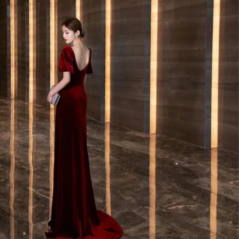 Burgundy Puff Sleeve Velvet Mermaid Prom Dress With Pearls