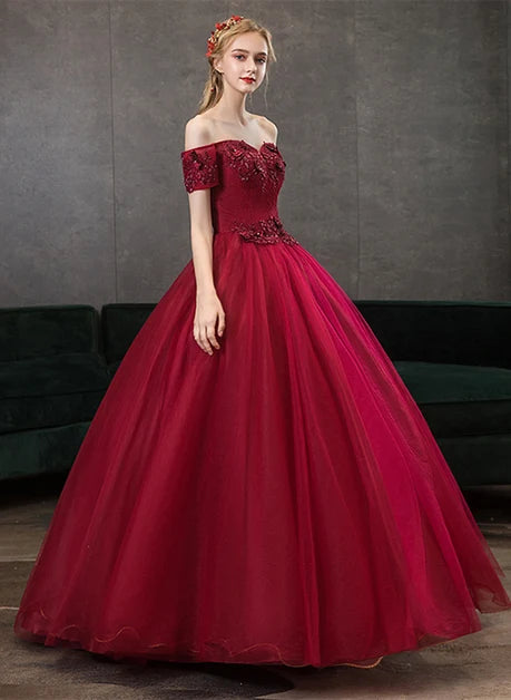 Burgundy Tulle Ball Gown Off-the-Shoulder Lace-Up Back Floor-Length Dress