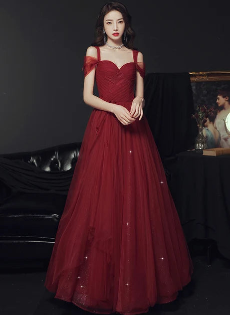 Burgundy Glitter Tulle A-Line Sweetheart Lace-Up Back Floor-Length Dress