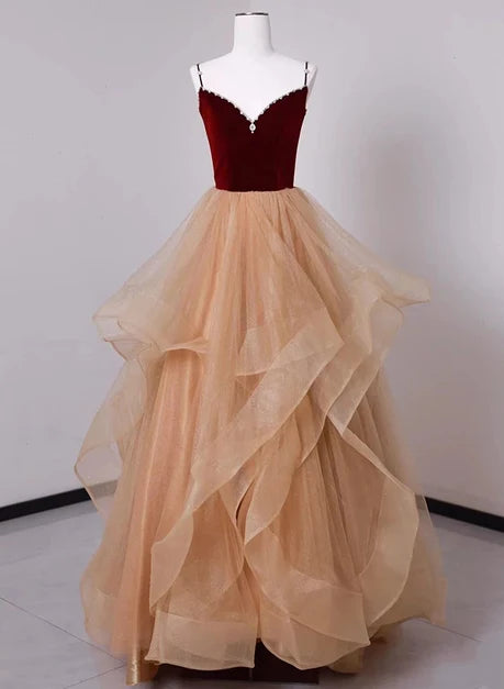 Elegant A-line V Neck Spaghetti Strap Lace Up Back Long Prom Dress