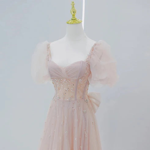 Blush Pink Puff Sleeve Sweetheart Beaded Tulle Prom Dress Bow Corset Back