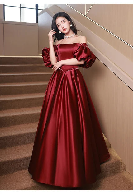 Burgundy Satin A-Line Off-the-Shoulder Lace-Up Back Floor-Length Dress