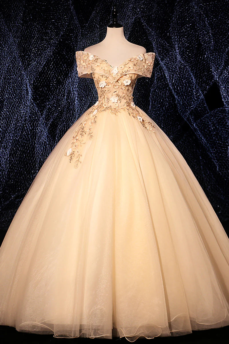 Off-the-shoulder Champagne V Neck Tulle Lace Long Evening Dress With Applique